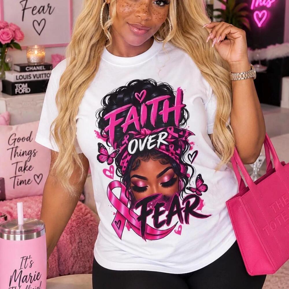 Faith Over Fear Awareness T-Shirt Black Woman Ribbon